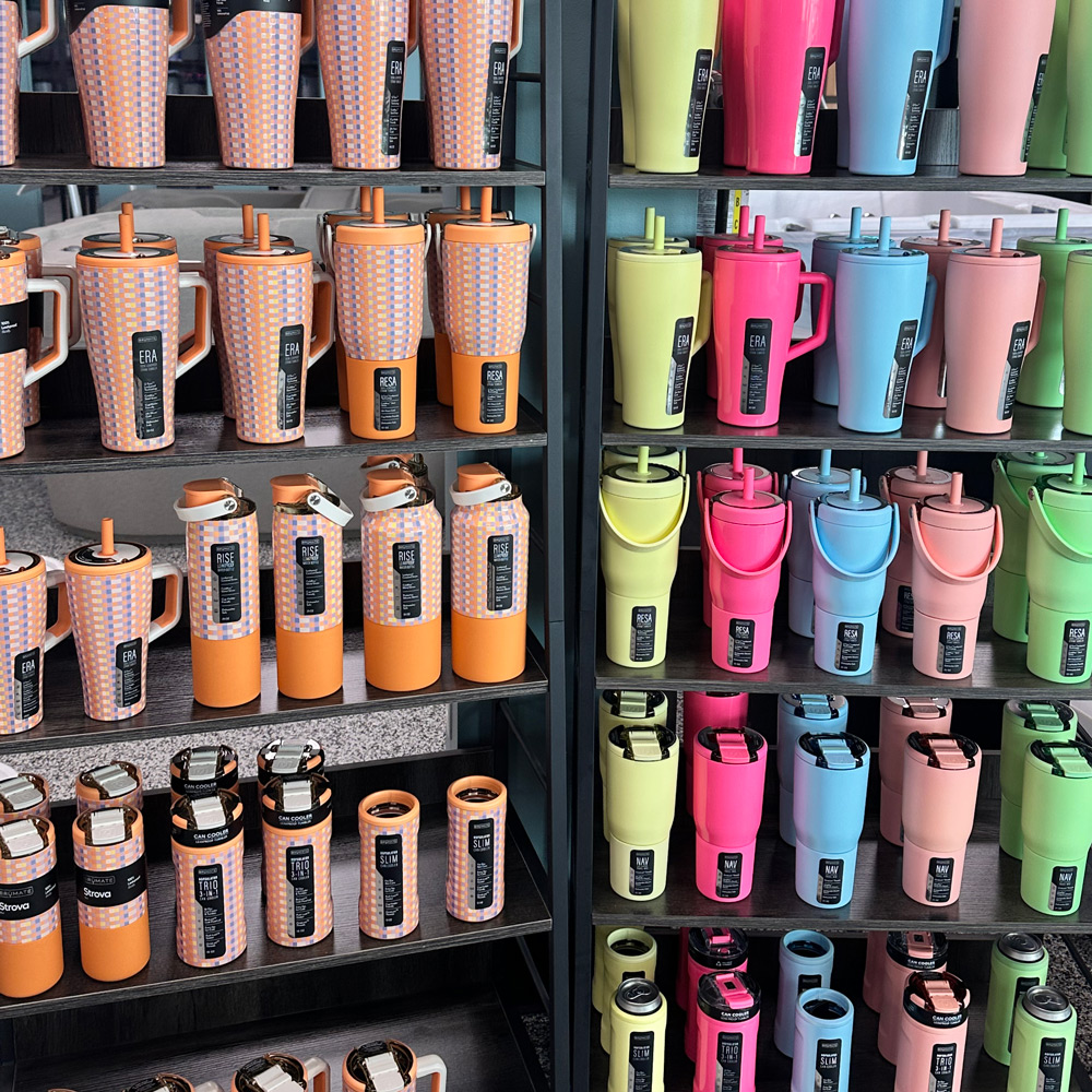 Wall of BruMate cups at Eversole Pool and Spa